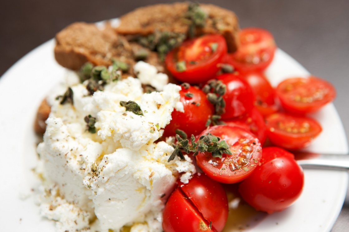 ' traditional Cretan salad with feta rusks and tomatoes closed up' - Crete