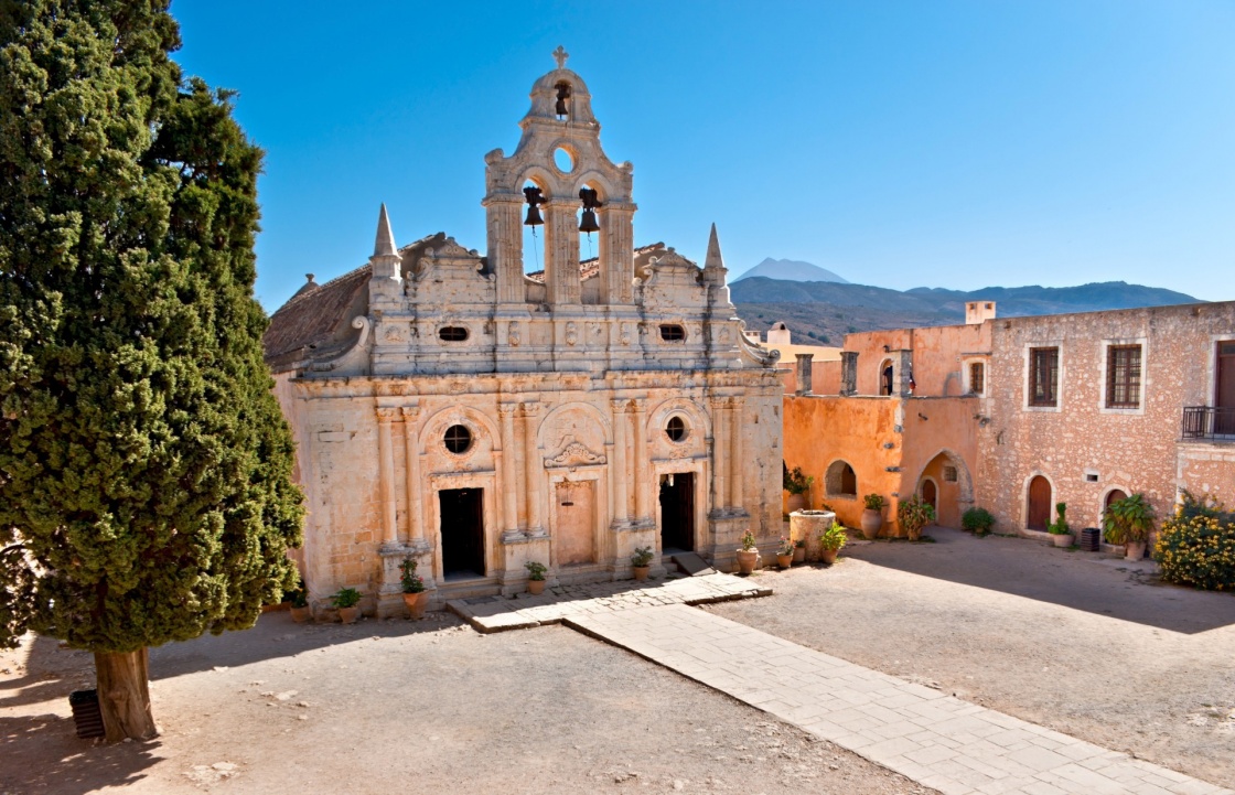 'The view on the Basilica of Arkadi Monastery from its surrounding gallery, Crete.' - Crete