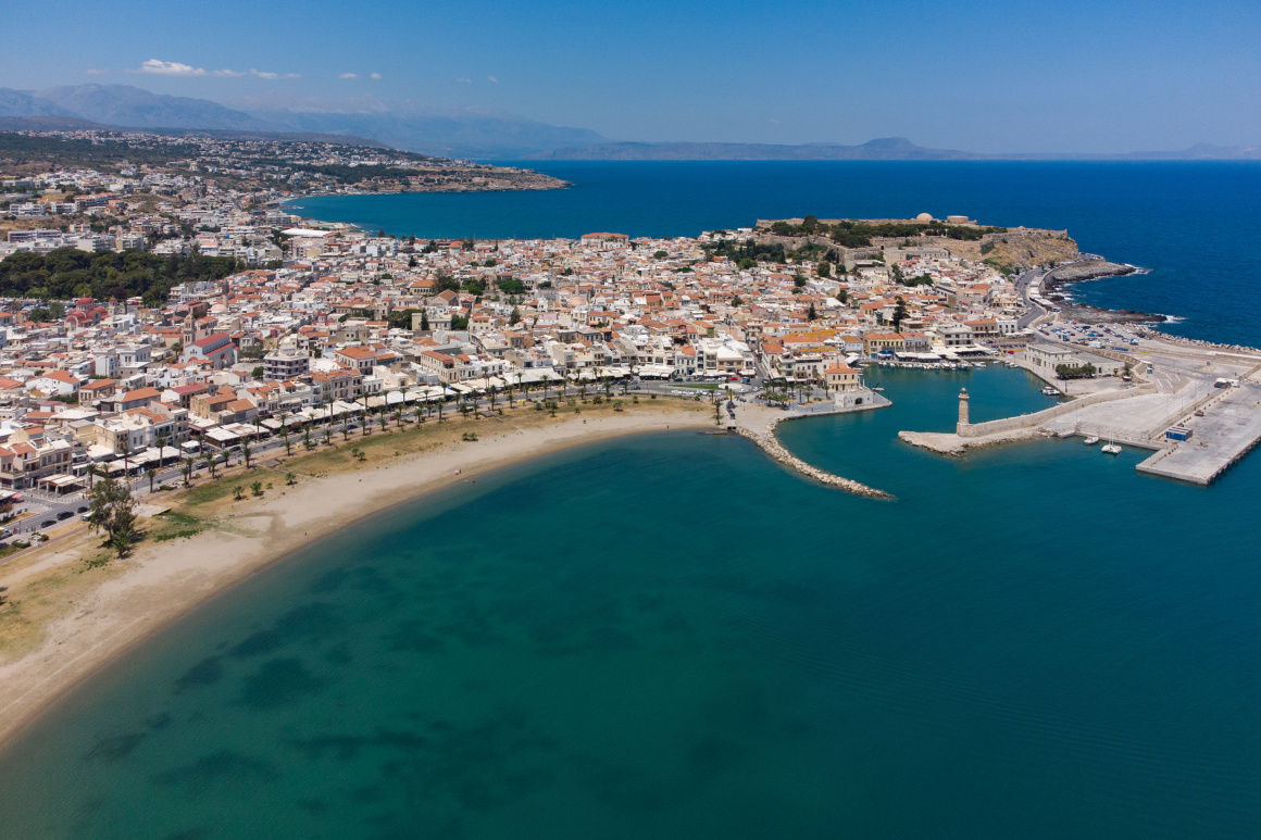 'Aerial view of Rethymno, Crete. To the right is visible the old harbour and Fortezza castle.' - Crete