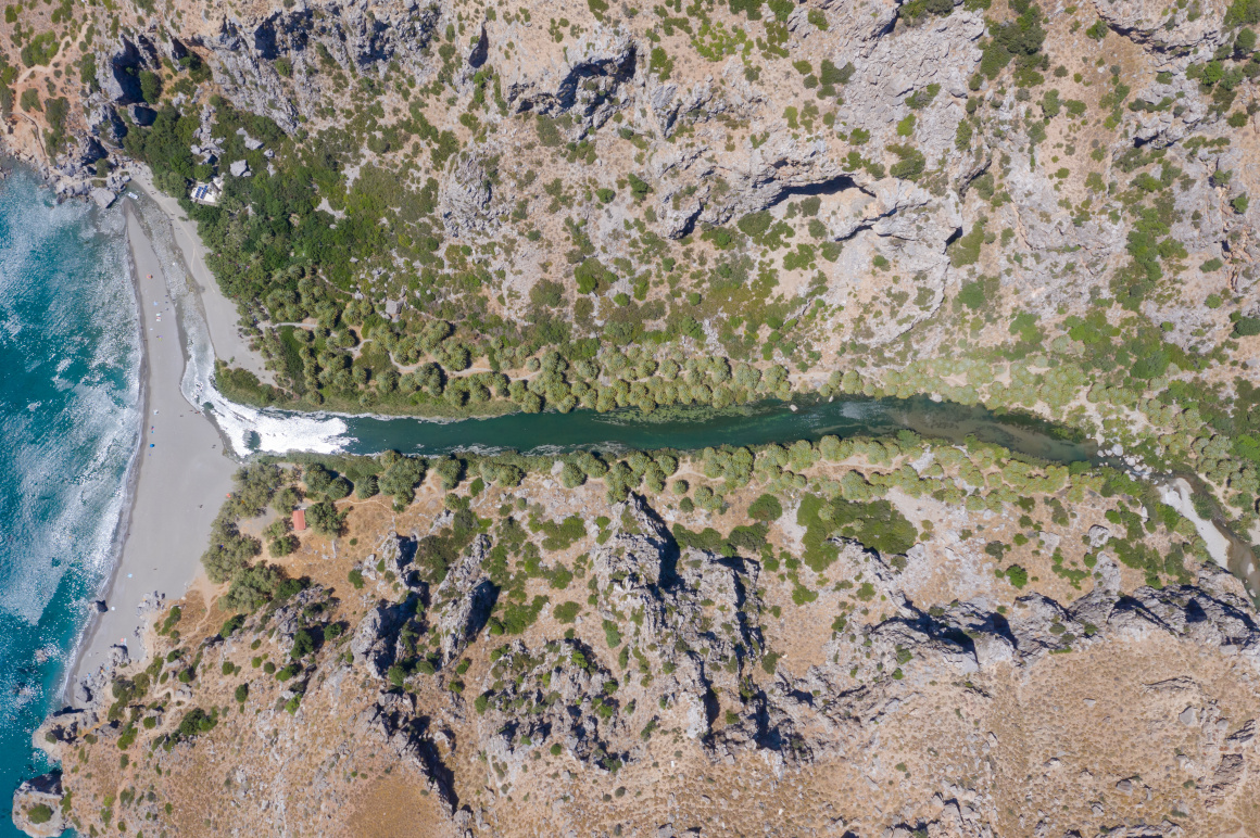 Top down aerial of the river Kissano Faraggi in Kourtaliotiko Gorge on Crete, Greece